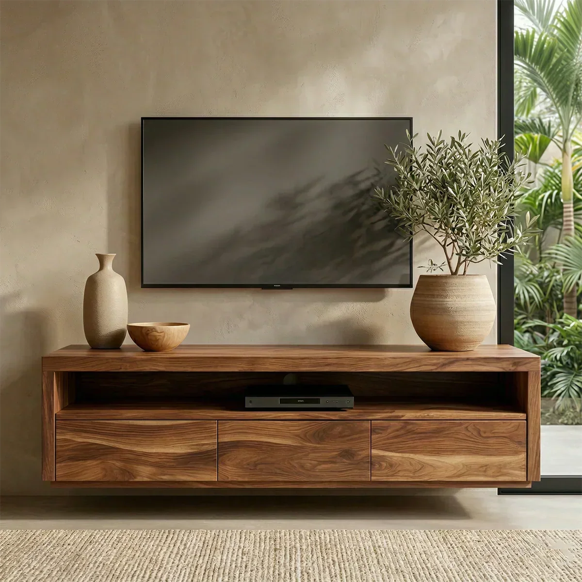 Handcrafted Floating Solid Wood TV Stand with Clean Lines and Hidden Storage Drawers - Woodenecho