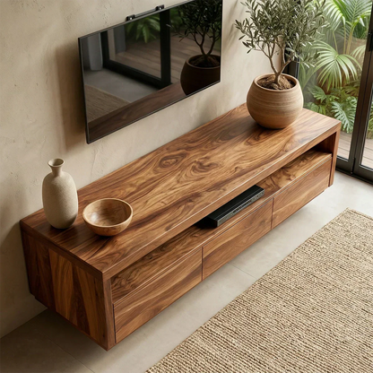 Handcrafted Floating Solid Wood TV Stand with Clean Lines and Hidden Storage Drawers - Woodenecho