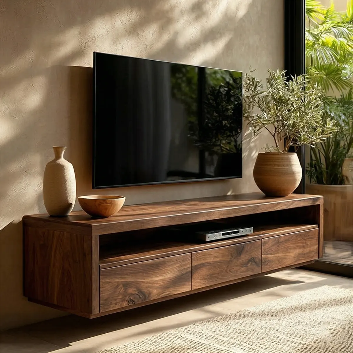 Handcrafted Floating Solid Wood TV Stand with Clean Lines and Hidden Storage Drawers - Woodenecho