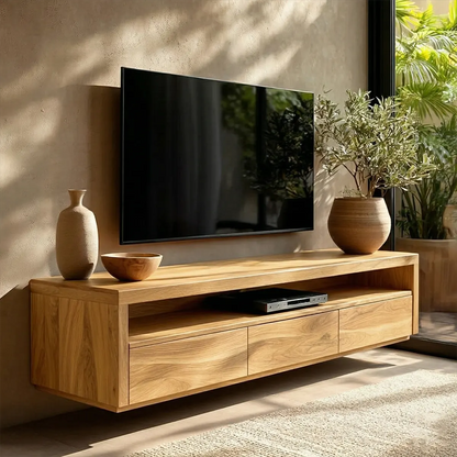 Handcrafted Floating Solid Wood TV Stand with Clean Lines and Hidden Storage Drawers - Woodenecho