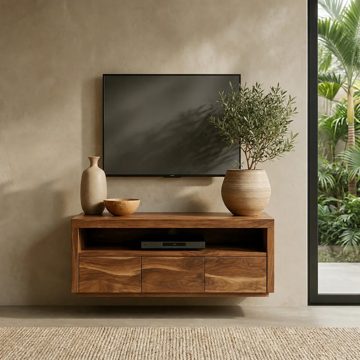Handcrafted Floating Solid Wood TV Stand with Clean Lines and Hidden Storage Drawers - Woodenecho