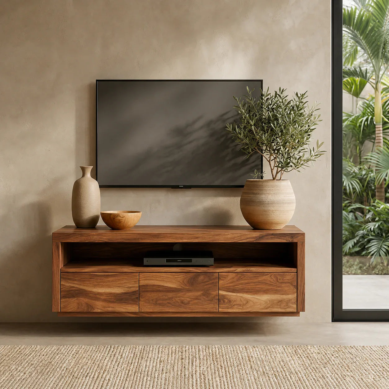 Handcrafted Floating Solid Wood TV Stand with Clean Lines and Hidden Storage Drawers - Woodenecho