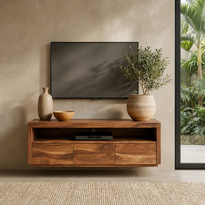 Handcrafted Floating Solid Wood TV Stand with Clean Lines and Hidden Storage Drawers - Woodenecho