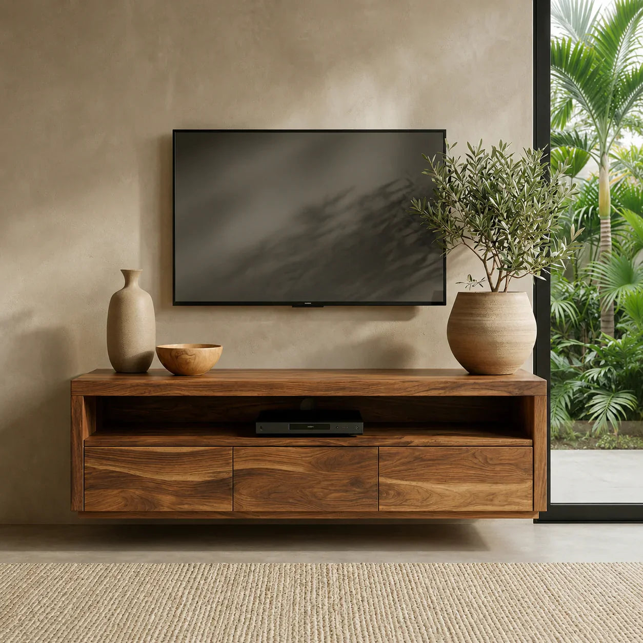 Handcrafted Floating Solid Wood TV Stand with Clean Lines and Hidden Storage Drawers - Woodenecho