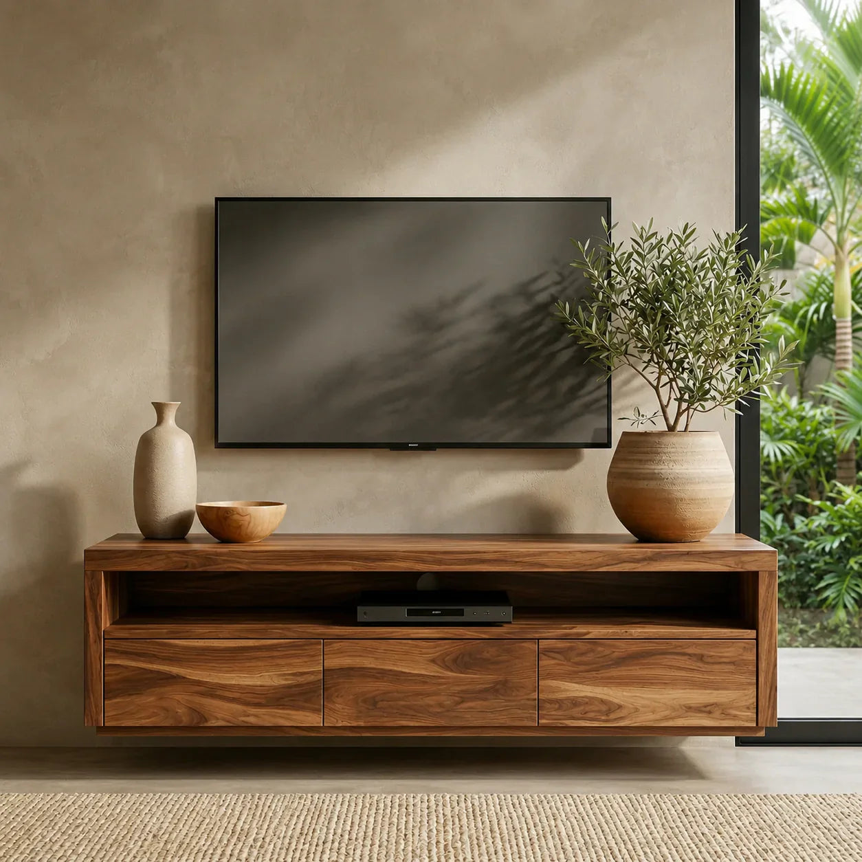 Handcrafted Floating Solid Wood TV Stand with Clean Lines and Hidden Storage Drawers - Woodenecho