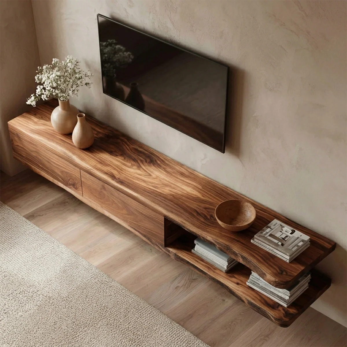 Handcrafted Floating Solid Wood TV Stand with Live Edge Shelves and Layered Storage - Rustirawood