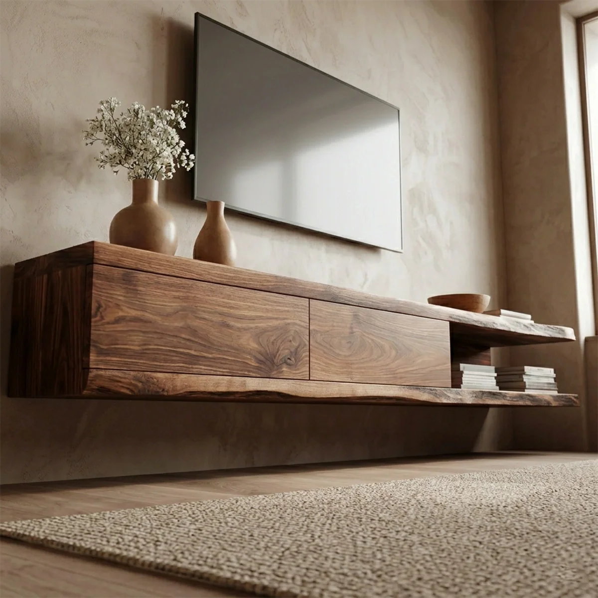 Handcrafted Floating Solid Wood TV Stand with Live Edge Shelves and Layered Storage - Rustirawood