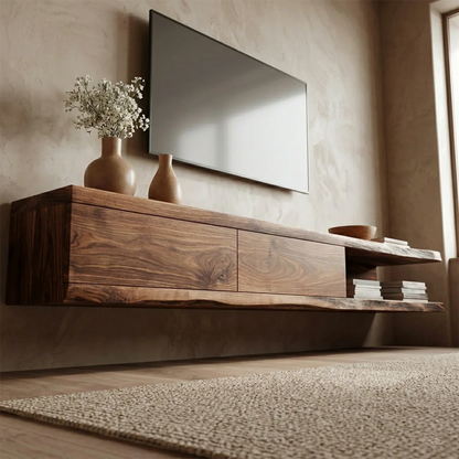 Handcrafted Floating Solid Wood TV Stand with Live Edge Shelves and Layered Storage - Rustirawood