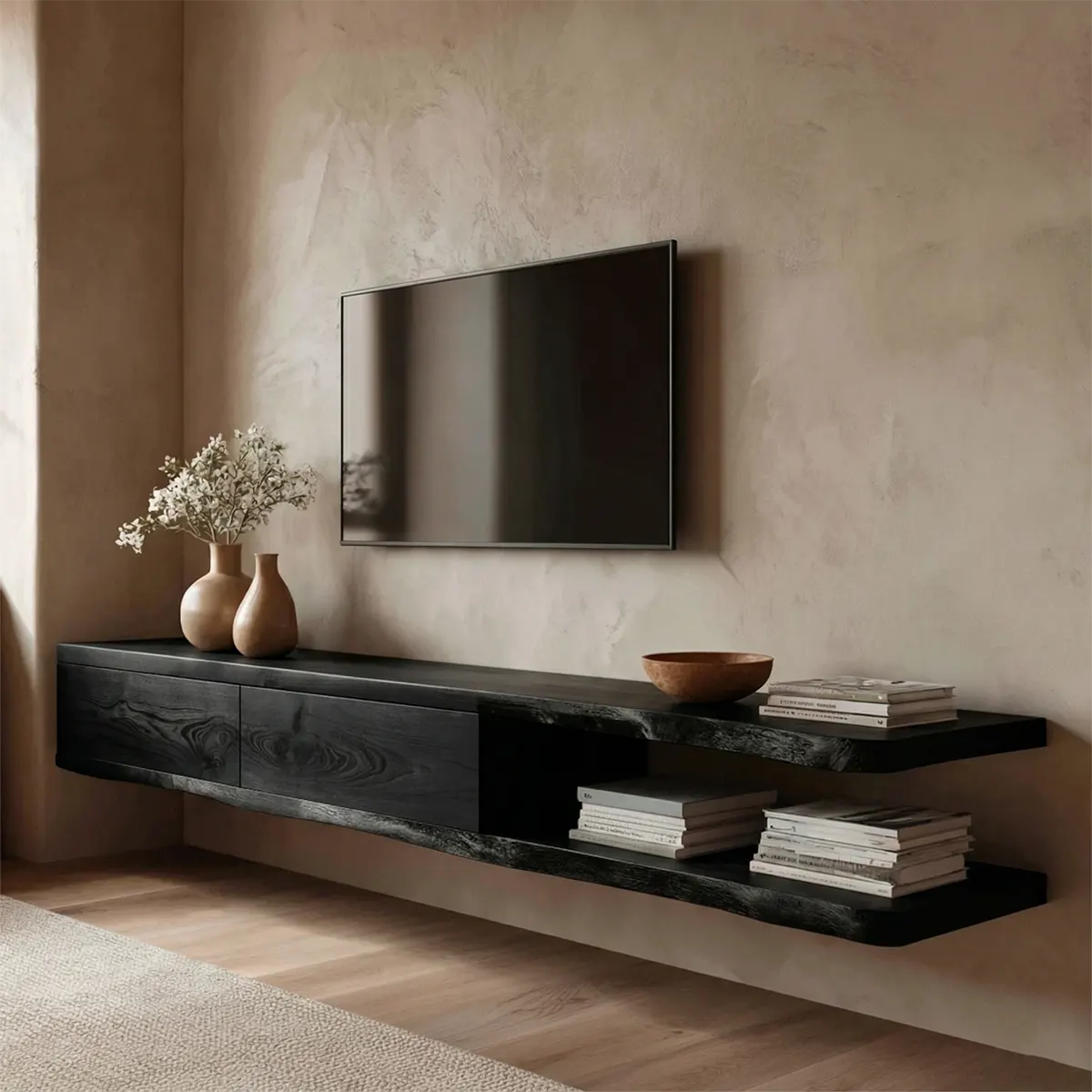 Handcrafted Floating Solid Wood TV Stand with Live Edge Shelves and Layered Storage - Rustirawood