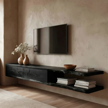 Handcrafted Floating Solid Wood TV Stand with Live Edge Shelves and Layered Storage - Rustirawood