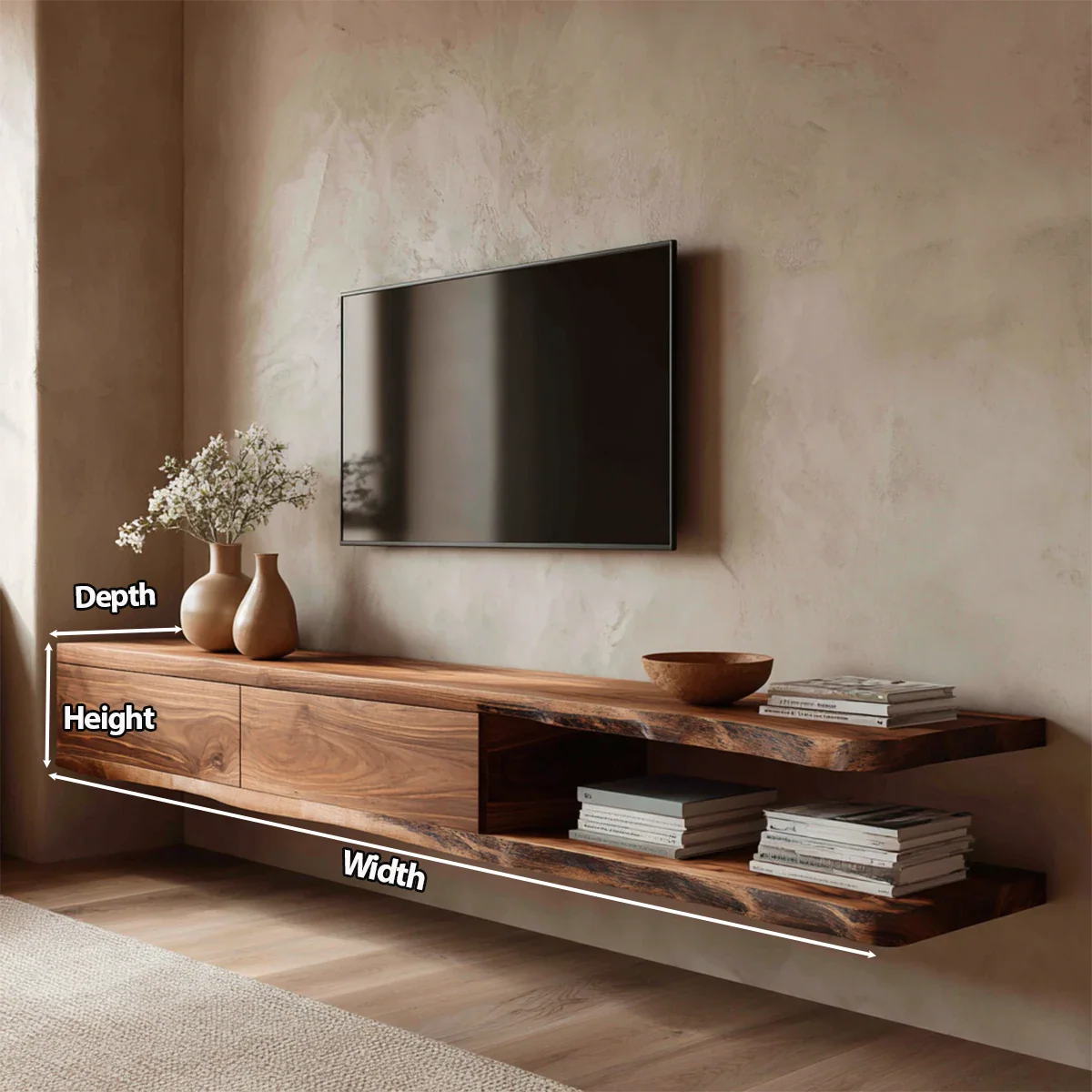 Handcrafted Floating Solid Wood TV Stand with Live Edge Shelves and Layered Storage - Rustirawood