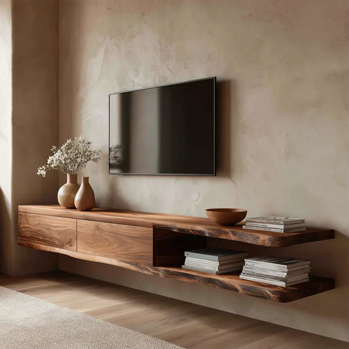 Handcrafted Floating Solid Wood TV Stand with Live Edge Shelves and Layered Storage - Woodenecho