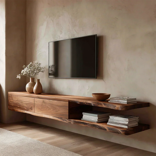 Handcrafted Floating Solid Wood TV Stand with Live Edge Shelves and Layered Storage - Woodenecho