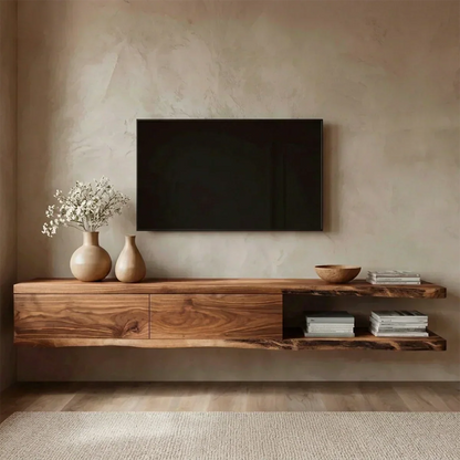 Handcrafted Floating Solid Wood TV Stand with Live Edge Shelves and Layered Storage - Woodenecho