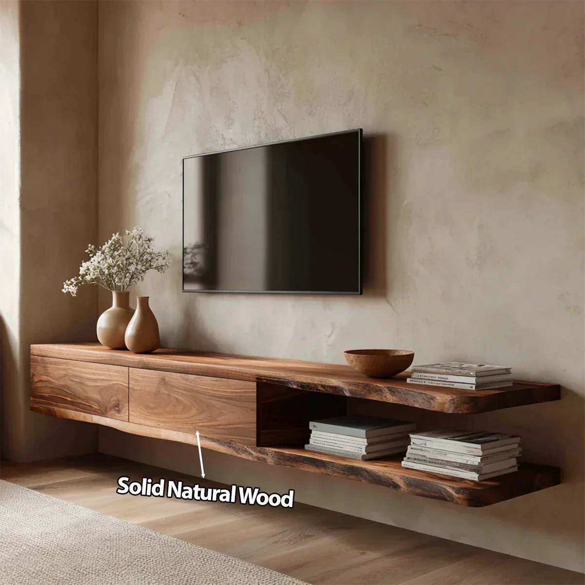 Handcrafted Floating Solid Wood TV Stand with Live Edge Shelves and Layered Storage - Woodenecho