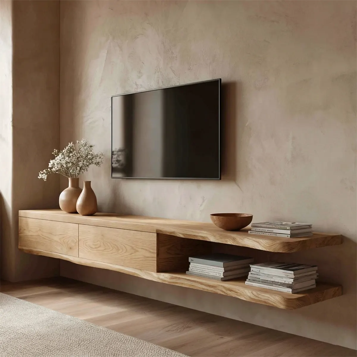 Handcrafted Floating Solid Wood TV Stand with Live Edge Shelves and Layered Storage - Woodenecho