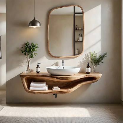 Handcrafted Live Edge Floating Bathroom Vanity With Shelf - Rustirawood