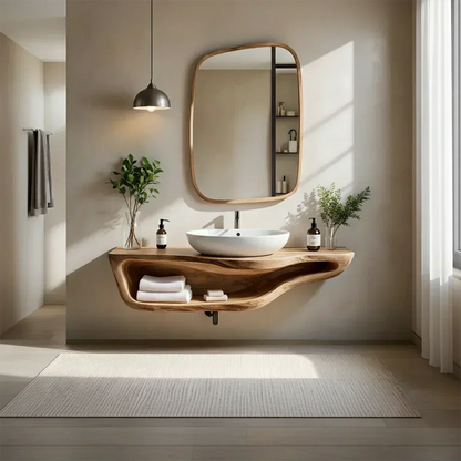 Handcrafted Live Edge Floating Bathroom Vanity With Shelf - Rustirawood