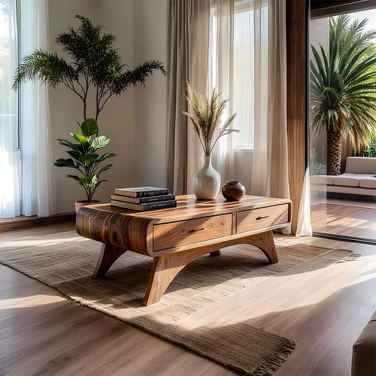 Handcrafted Mid-Century Natural Solid Wood Coffee Table with Storage - Rustirawood