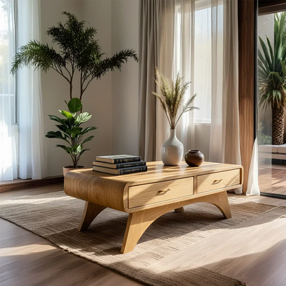 Handcrafted Mid-Century Natural Solid Wood Coffee Table with Storage - Rustirawood