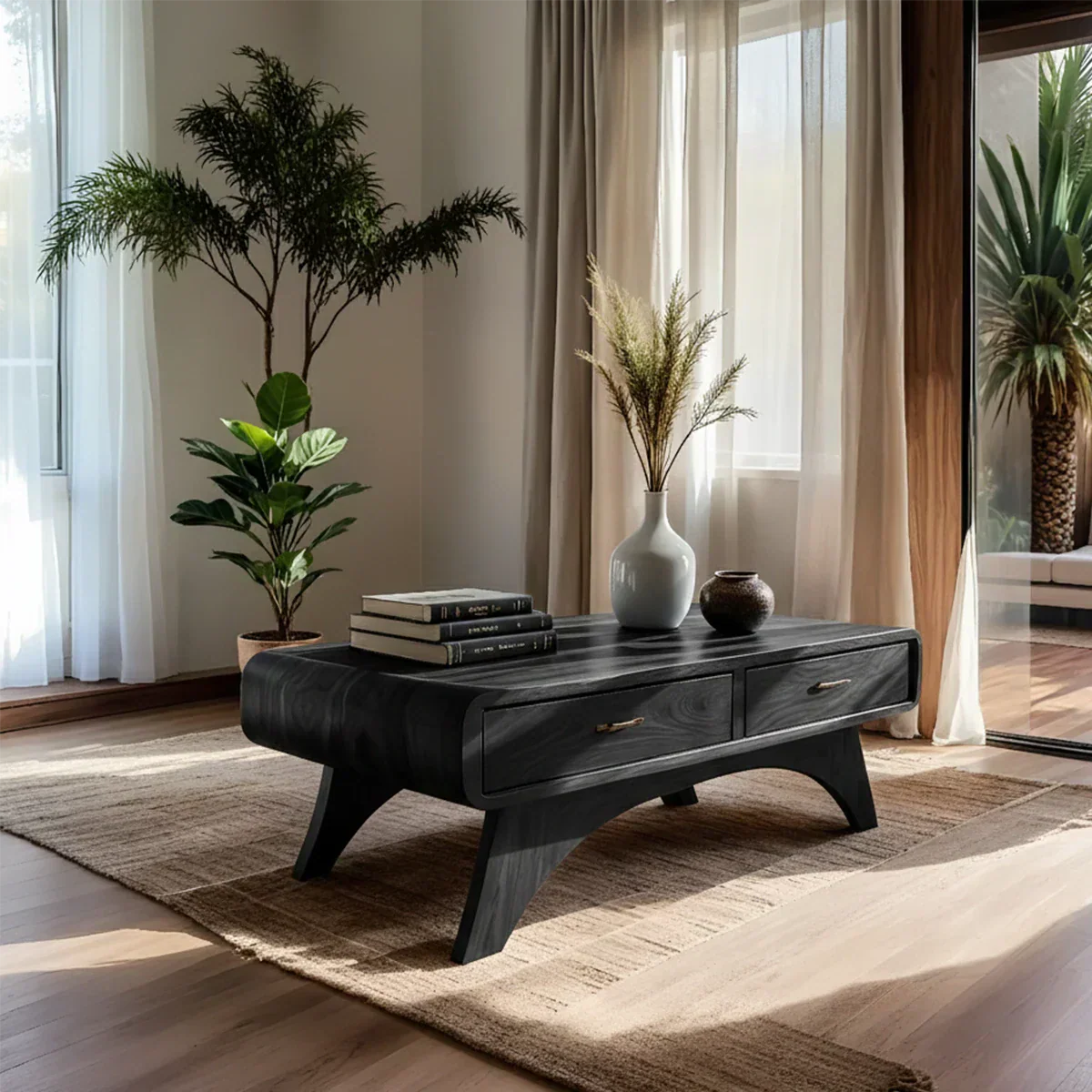 Handcrafted Mid-Century Natural Solid Wood Coffee Table with Storage - Rustirawood