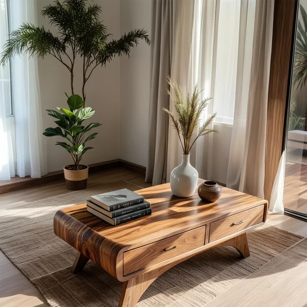 Handcrafted Mid-Century Natural Solid Wood Coffee Table with Storage - Woodenecho