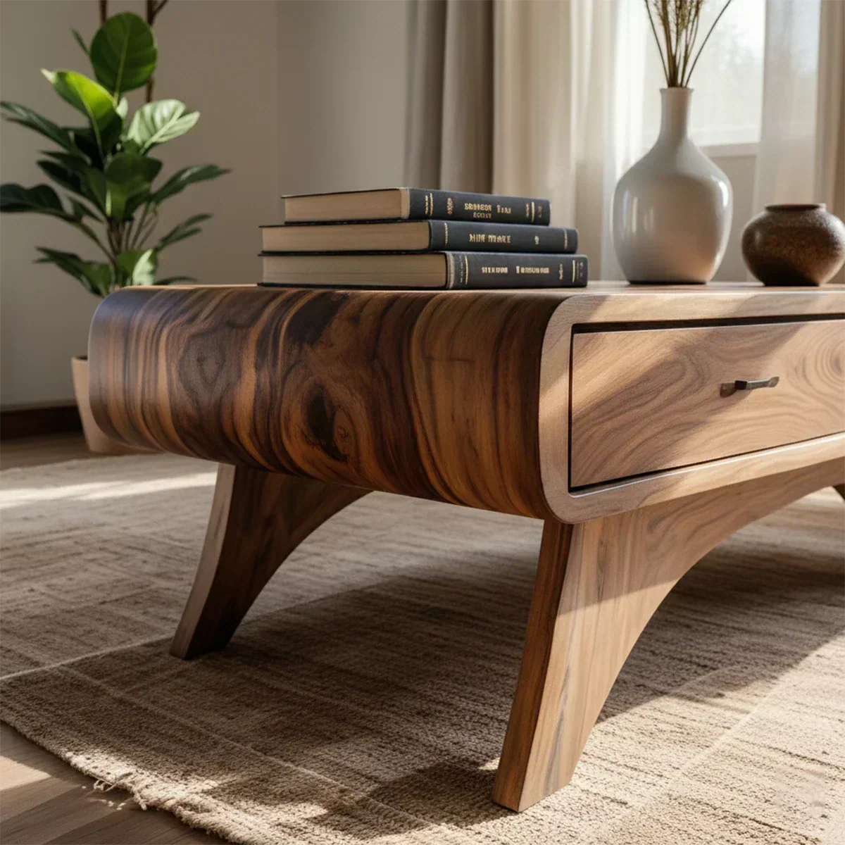Handcrafted Mid-Century Natural Solid Wood Coffee Table with Storage - Woodenecho
