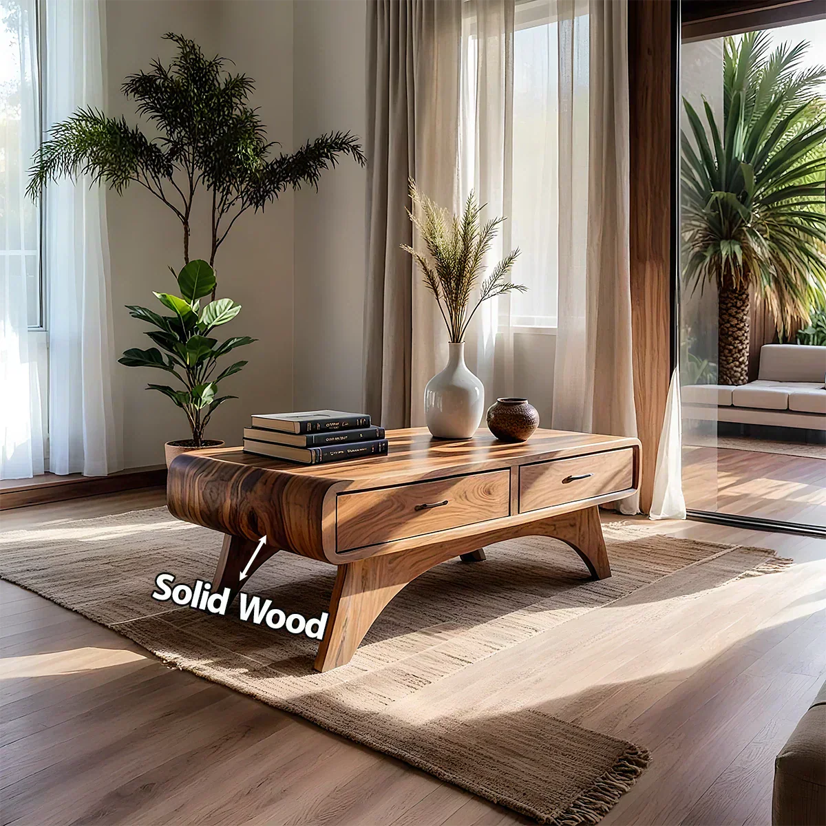 Handcrafted Mid-Century Natural Solid Wood Coffee Table with Storage - Woodenecho