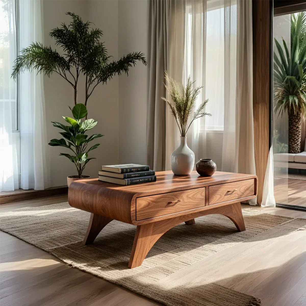 Handcrafted Mid-Century Natural Solid Wood Coffee Table with Storage - Woodenecho