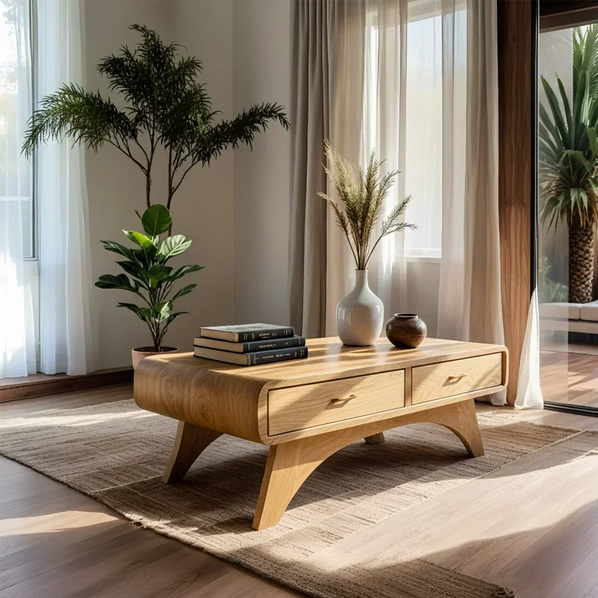 Handcrafted Mid-Century Natural Solid Wood Coffee Table with Storage - Woodenecho