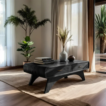 Handcrafted Mid-Century Natural Solid Wood Coffee Table with Storage - Woodenecho