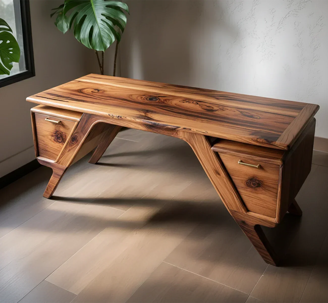 Handcrafted Natural Solid Wood Desk — Modern Angular Design - Rustirawood