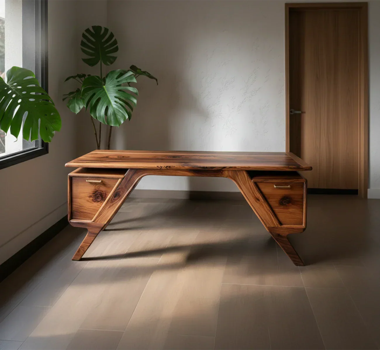 Handcrafted Natural Solid Wood Desk — Modern Angular Design - Rustirawood