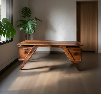 Handcrafted Natural Solid Wood Desk — Modern Angular Design - Rustirawood