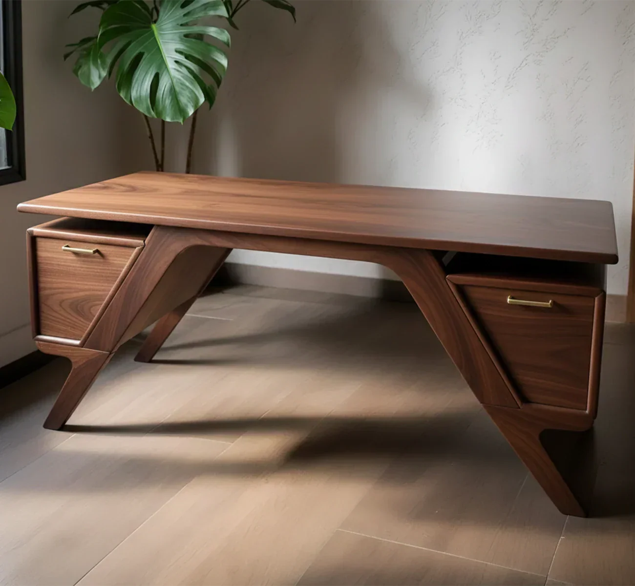 Handcrafted Natural Solid Wood Desk — Modern Angular Design - Rustirawood