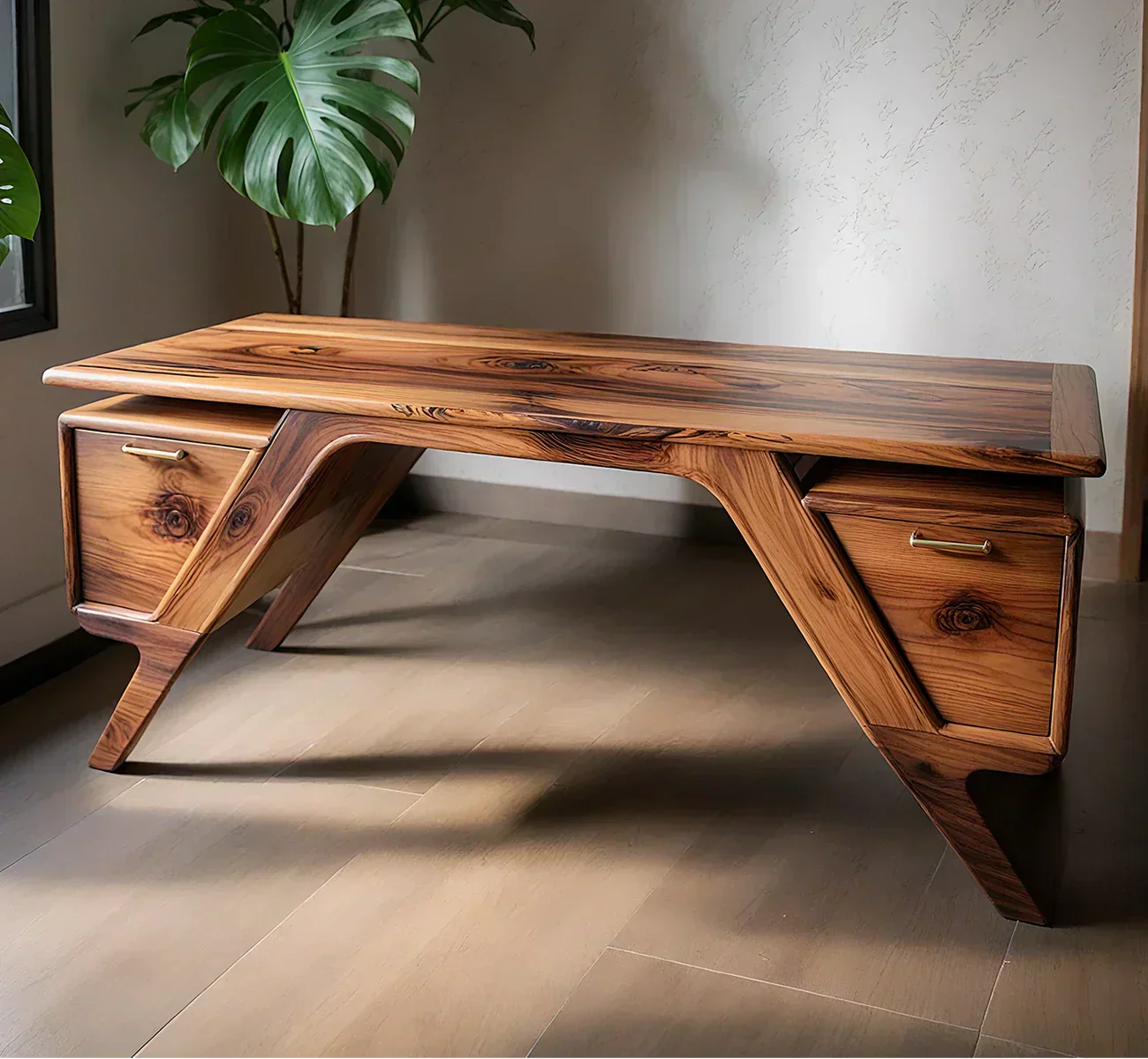 Handcrafted Natural Solid Wood Desk — Modern Angular Design - Woodenecho
