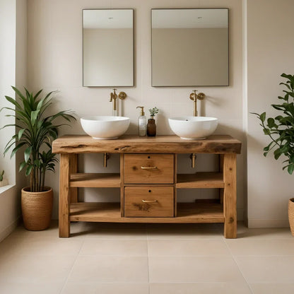 Handcrafted Natural Solid Wood Double-Sink Bathroom Vanity - Rustirawood