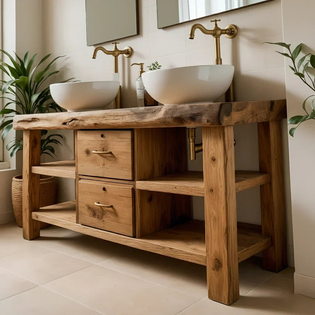 Handcrafted Natural Solid Wood Double-Sink Bathroom Vanity - Rustirawood