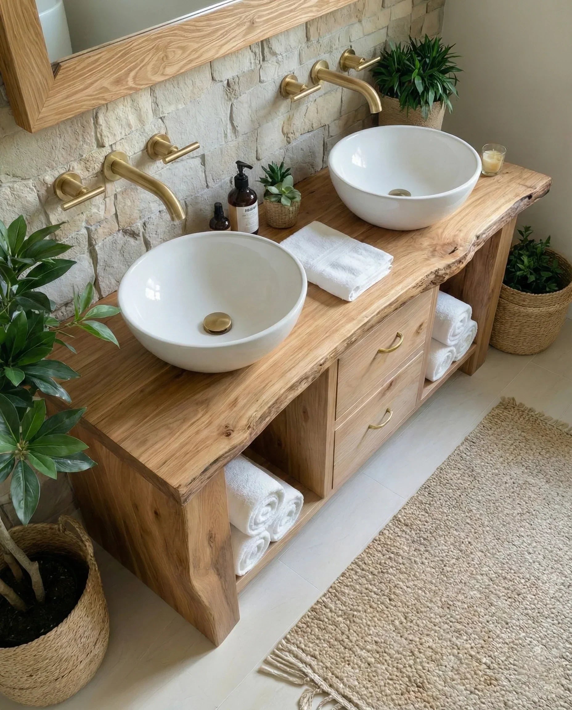Handcrafted Natural Solid Wood Double-Sink Bathroom Vanity - Rustirawood