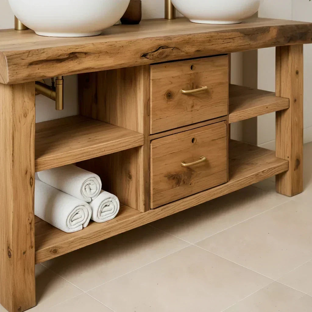 Handcrafted Natural Solid Wood Double-Sink Bathroom Vanity - Woodenecho