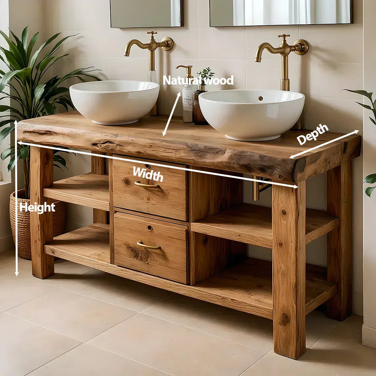Handcrafted Natural Solid Wood Double-Sink Bathroom Vanity - Woodenecho