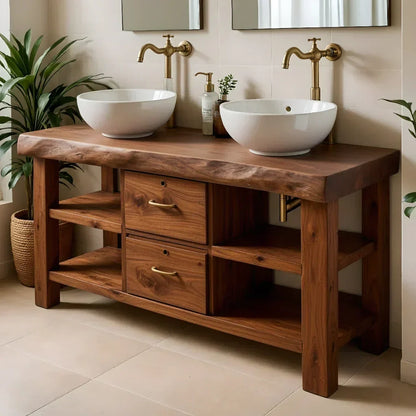Handcrafted Natural Solid Wood Double-Sink Bathroom Vanity - Woodenecho