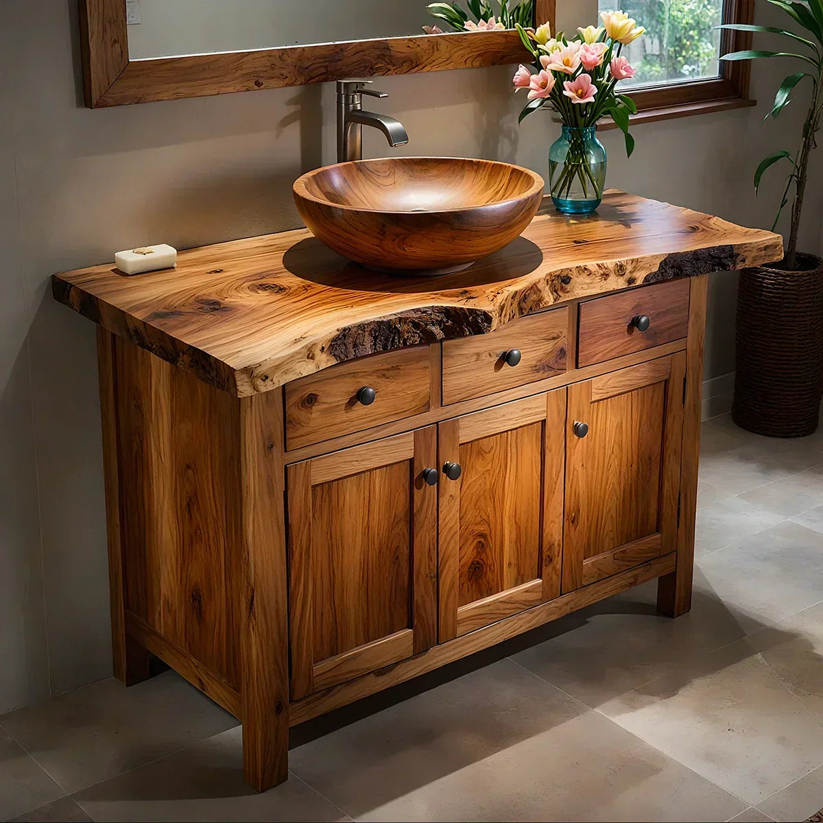 Handcrafted Natural Solid Wood Live-Edge Bathroom Vanity Cabinet - Woodenecho