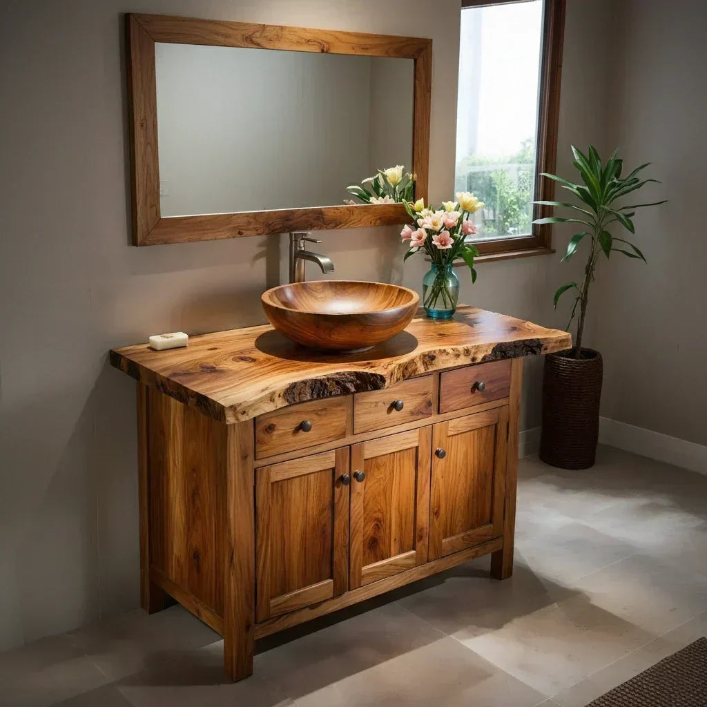 Handcrafted Natural Solid Wood Live-Edge Bathroom Vanity Cabinet - Woodenecho