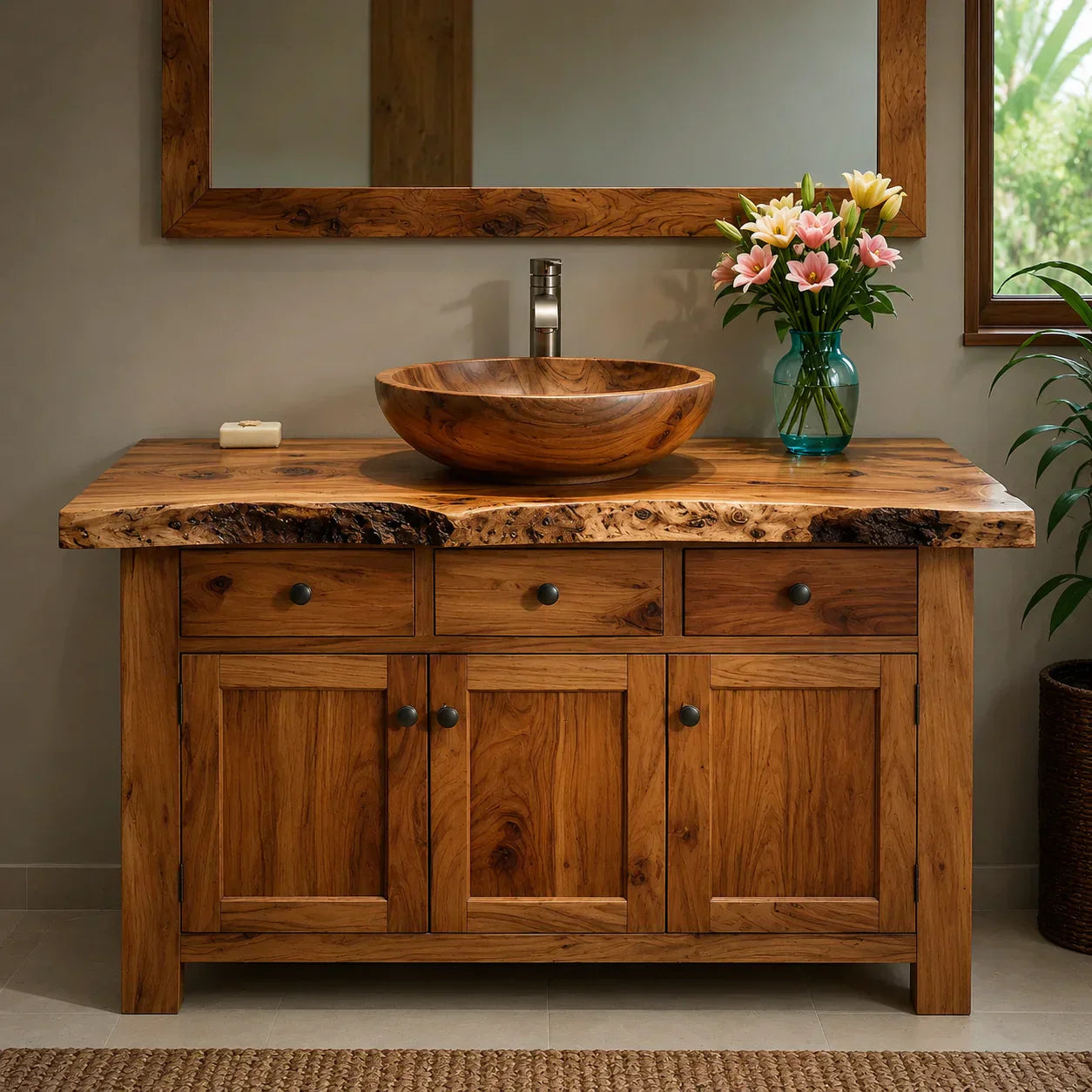 Handcrafted Natural Solid Wood Live-Edge Bathroom Vanity Cabinet - Woodenecho