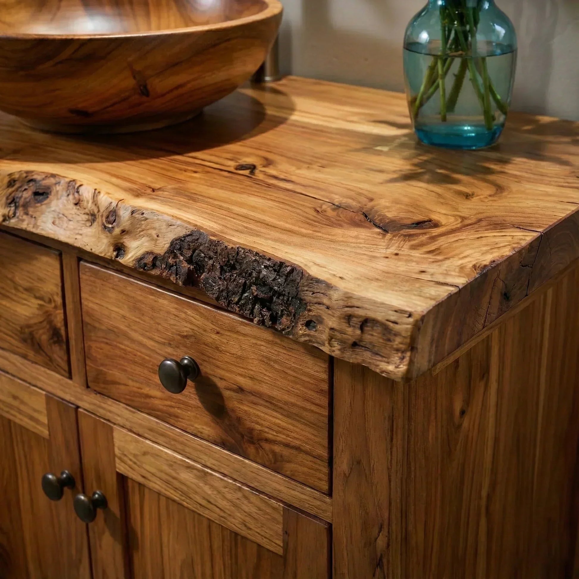 Handcrafted Natural Solid Wood Live-Edge Bathroom Vanity Cabinet - Woodenecho