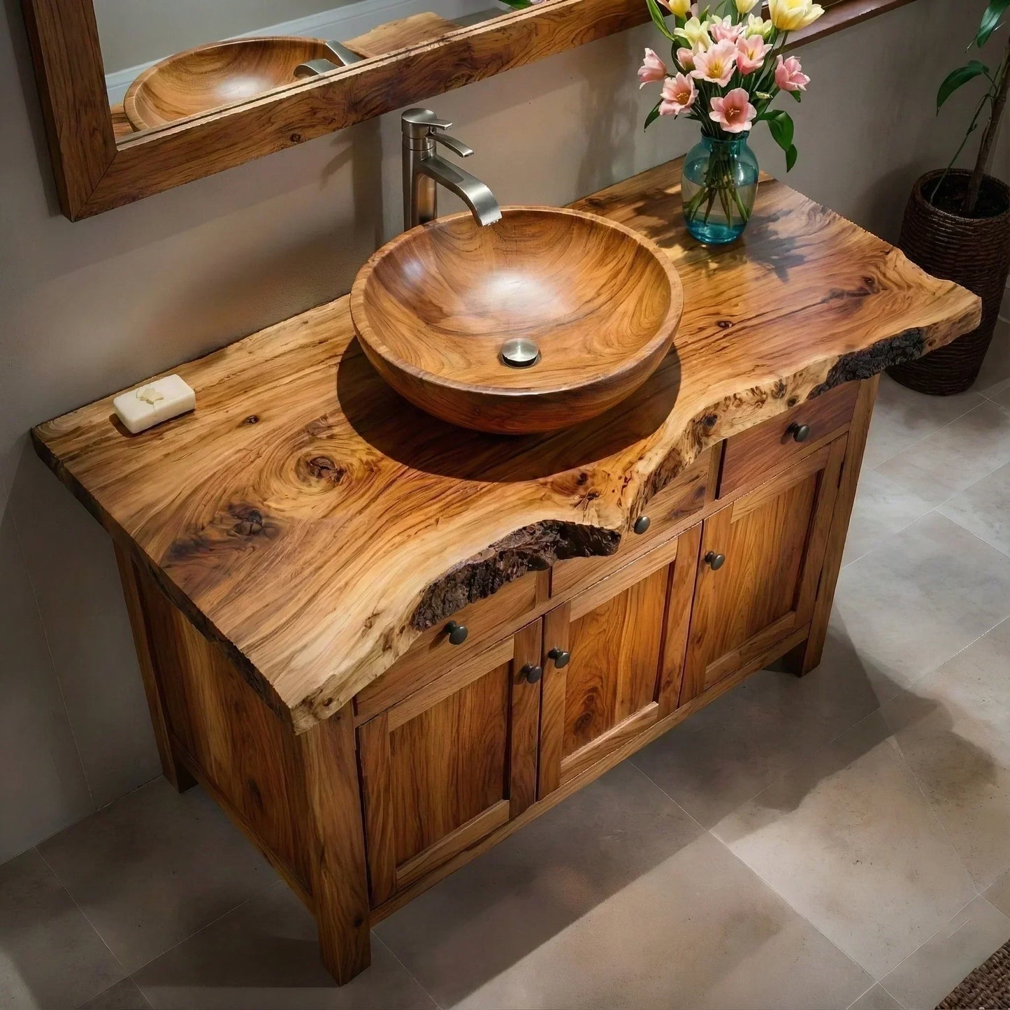 Handcrafted Natural Solid Wood Live-Edge Bathroom Vanity Cabinet - Woodenecho