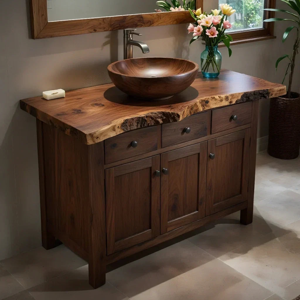 Handcrafted Natural Solid Wood Live-Edge Bathroom Vanity Cabinet - Woodenecho