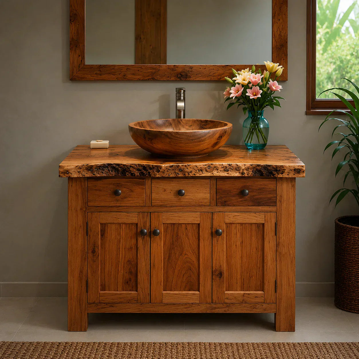 Handcrafted Natural Solid Wood Live-Edge Bathroom Vanity Cabinet - Woodenecho