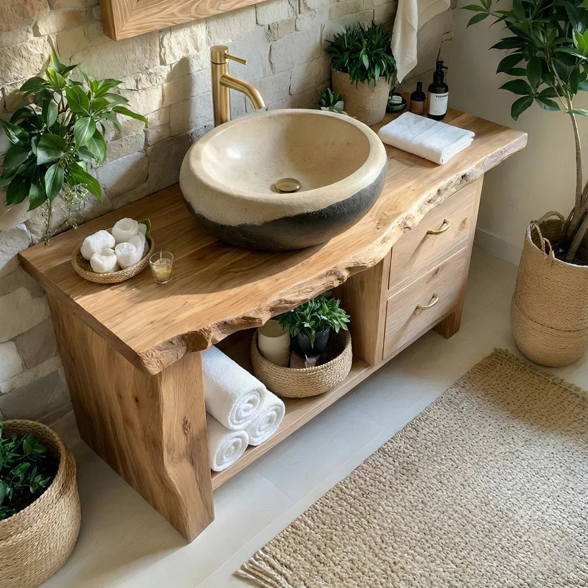 Handcrafted Natural Solid Wood Live-Edge Bathroom Vanity - Rustirawood